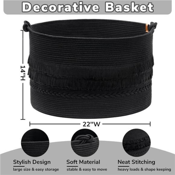 Extra Large Black Laundry Basket, Rope Storage Basket for Bathroom, Bedroom - Picture 4 of 16
